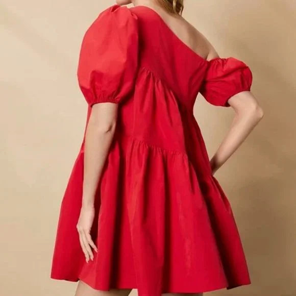 Puff Sleeve Ruffle Hem Asymmetrical Neck Smock Dress Red - Picture 6 of 8